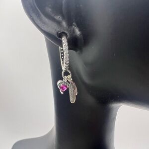 Silver and Pink Heart Feather Hoop Earrings, Sterling Silver 925